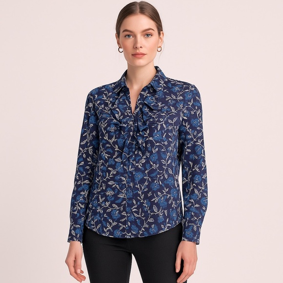 MICHAEL Michael Kors Navy Floral Ruffle Button Blouse Size Medium - Picture 16 of 16